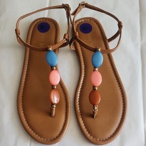 Madden Girl Brown T-Strap Flats with Blue and Pink Gem Accents